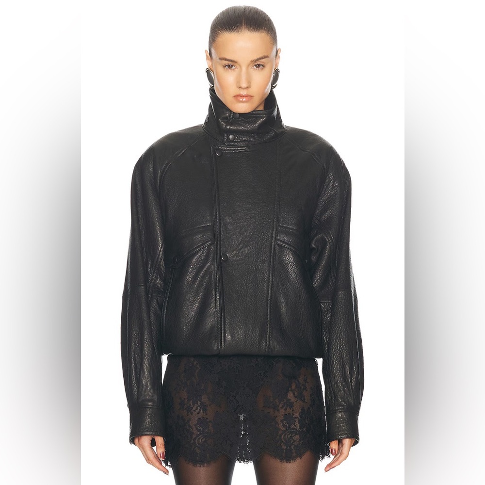 SAINT LAURENT Leather Jacket Stand Collar Runway Black Leather Bomber 2025